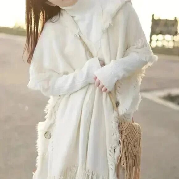 Button Side Hooded Cape Tassel Trim Angel Poncho Sweater White - Picture 1 of 4